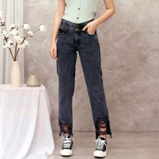 CELANA BOYFRIEND JEANS SOBEK BAWAH SNOW BLUE JEANS TEBAL IMPORT BOYFRIEND HIGH WAIST JINS MURAH