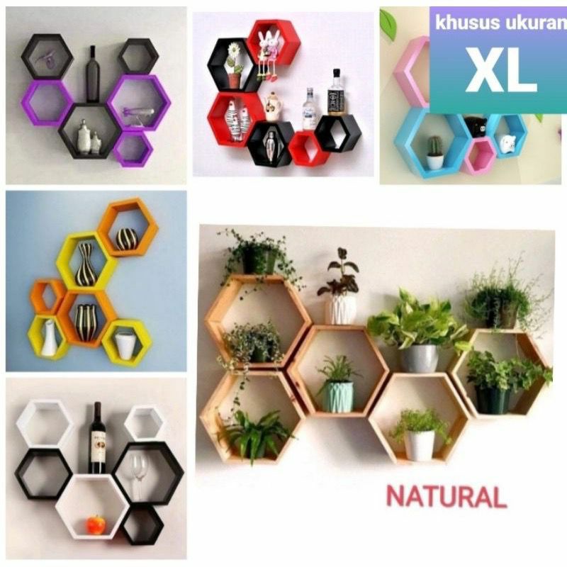 rak hexagonal hiasan dinding kayu