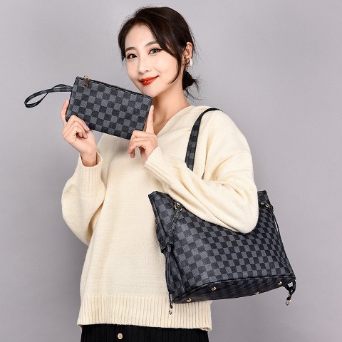 BJ31875 (2IN1) - BLACK/BROWN/WHITE SQUARE - TAS BAHU SHOULDERBAG MOTIF KOTAK JINJING TOTEBAG HANDBAG FREE POUCH TAS WANITA FASHION IMPORT MODIS ELEGAN TERMURAH TERLARIS TERBARU BAGSTORE JAKARTA TAS BATAM ZCJ0129 CR7482 LT1875 BQ3211