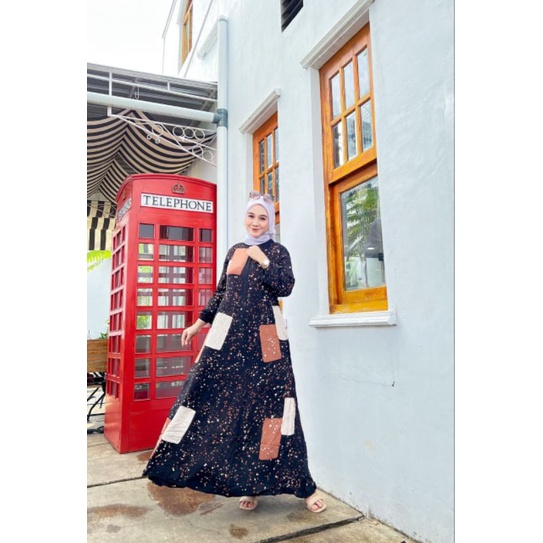 gamis rayon super abstrak tiedie malaman busui friendly adem dipakai motif cantik pakaian muslim lengan panjang
