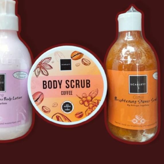◄ Paket Original Scarlett 3 item ( lotion + shower coffe + scrub coffe+ free sponge mandi) ♢