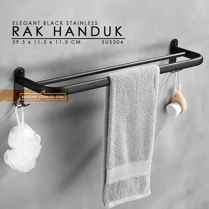 Rak handuk hitam doff elegant mewah 60cm 2 baris black stainless kamar mandi sus304