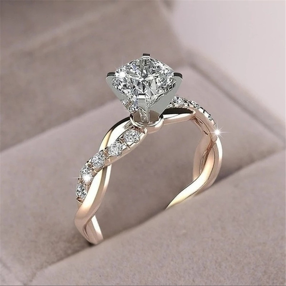 【COD Tangding】6-10 Size Three Color Princess Square Diamond Ring Cross Twist Diamond Set Ring