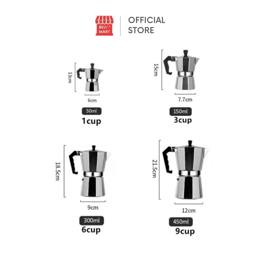 Moka Pot Coffee Maker | Moka Pot Espresso | Alat Pembuat Kopi 1 cup, 3 cup, 6 cup, 9 cup