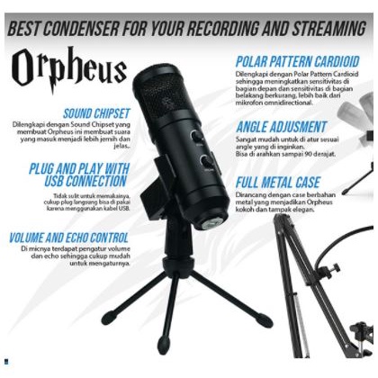 Microphone condenser sades usb 2.0 wired set live record podcast streaming orpheus - mic kit