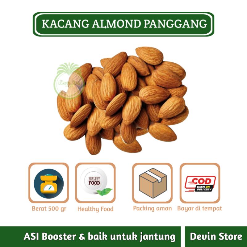 Kacang Almond Panggang Kupas / Roasted Almond 500 gr / 1/2 Kg / ASI Booster / Kesehatan Jantung