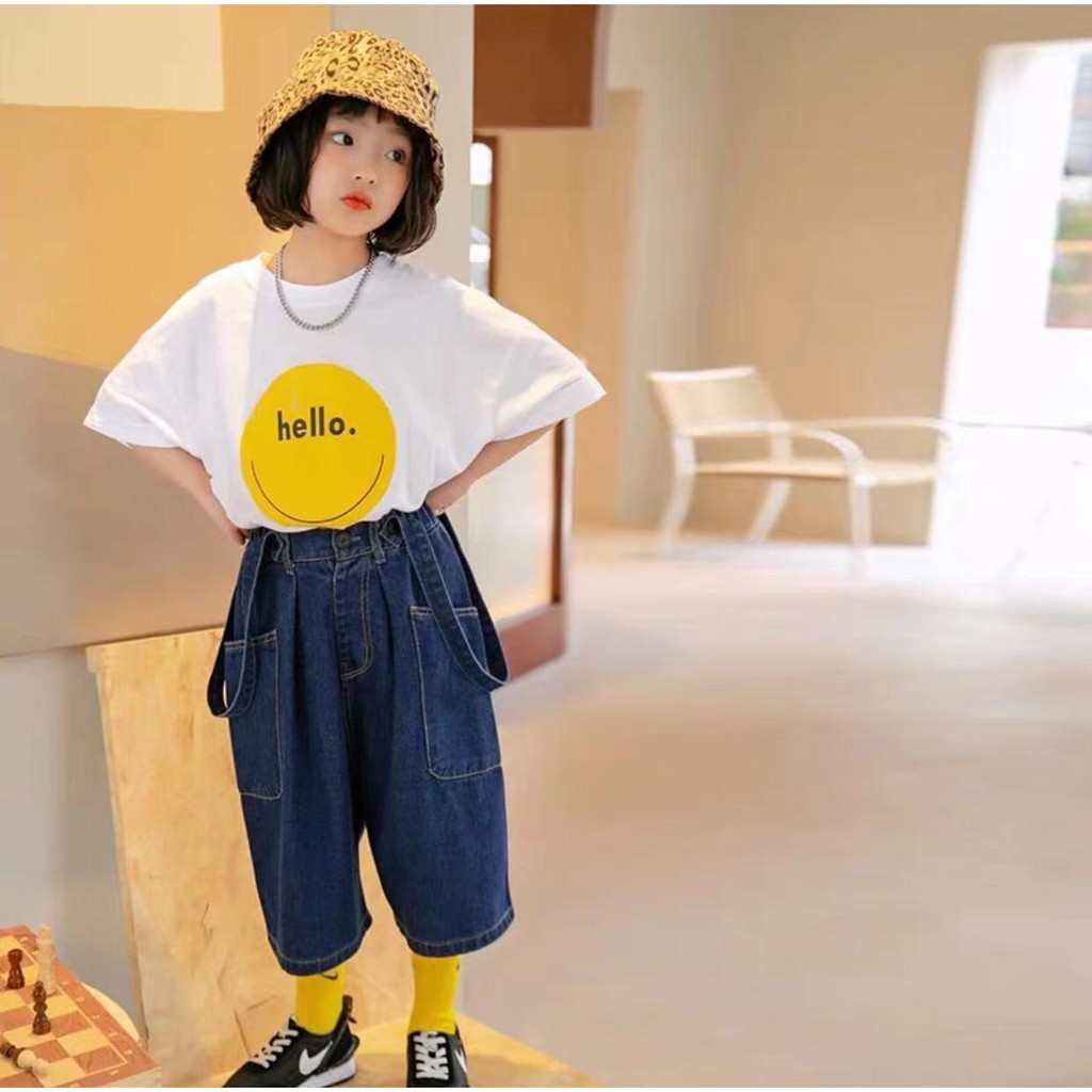 Promo !! Setelan overal anak cewek/ setelan overal hello smile import uk 120 uk 4-5thn (kuning, pink)