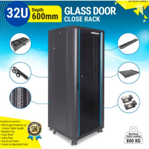 IR6032G - 32U Close Rack Depth 600mm Glass Door 19&quot; - INDORACK