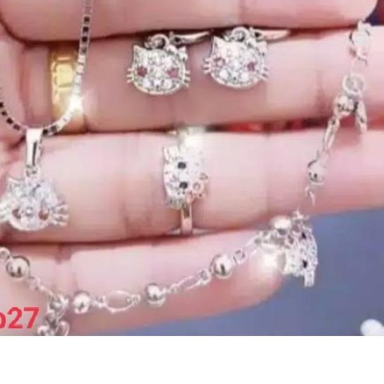 SET PERHIASAN ANAK HELLO KITTY SILVER TITANIUM ASLI BAHAN LAPIS EMAS PUTIH ANTI PUDAR