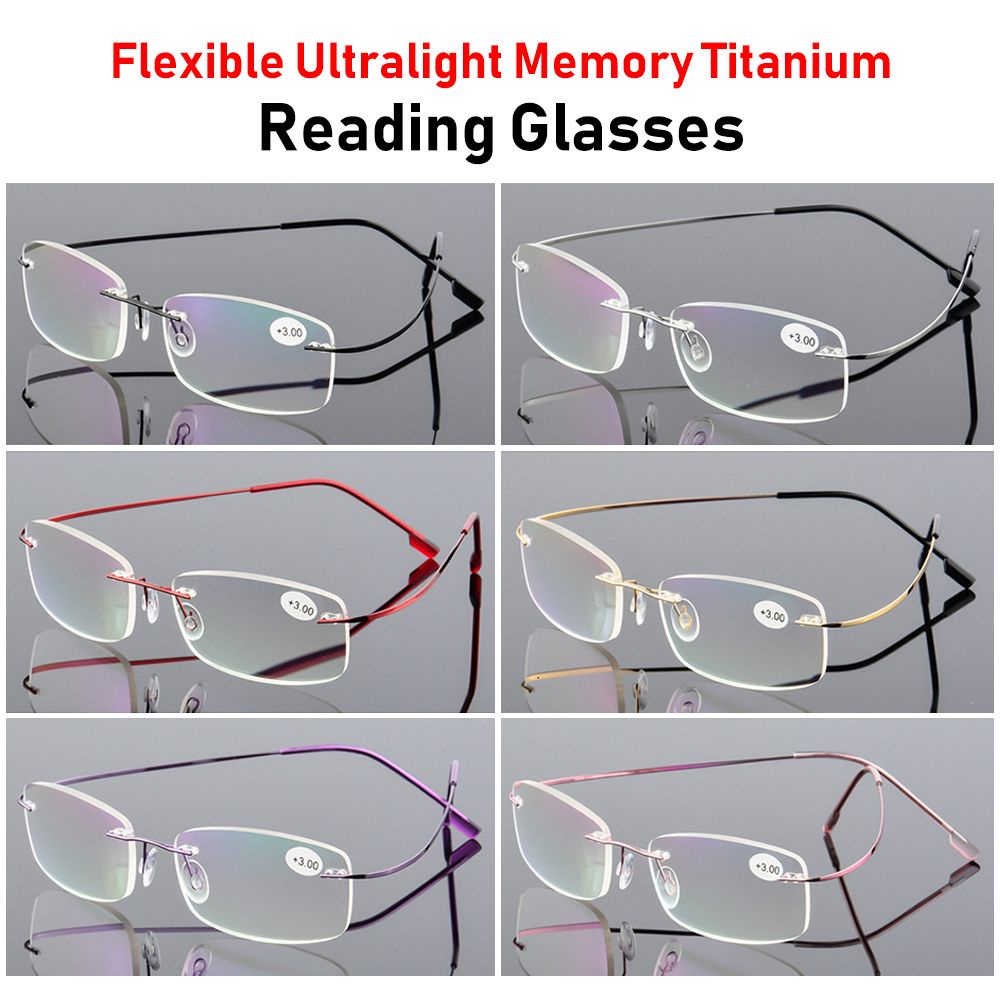 ROW Strength +1.0~+4.0 Memory Titanium Vision Care Rimless Reading Glasses Men and Women Ultralight Flexible Eyewear Presbyopic Eyeglasses/Multicolor