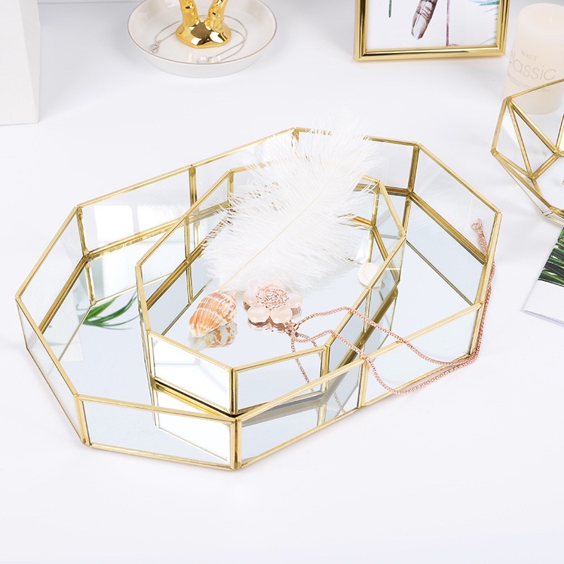 Nordic Terrarium Gold Mirror Glass Tray / Baki Kaca Emas / Dekor Rumah Pajangan meja 8 SISI tempat asesoris ukuran BESAR ala INST