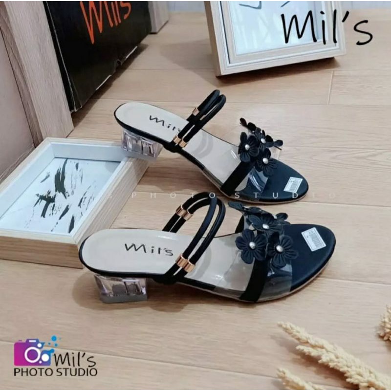 Sandal wanita Hak Kaca Sandal Pesta New Chungky Heels Bunga Sakura