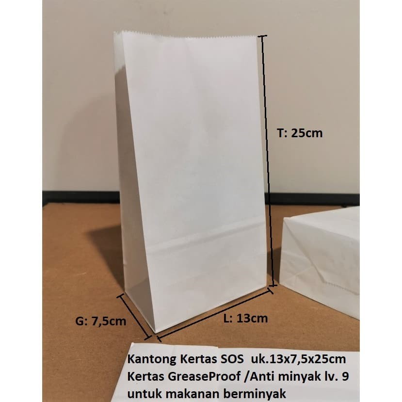 

Kertas Bungkus Makanan, Roti, Snake / Paperbag SOS Kantong Kertas Putih 13x7,5x25 (L) 50GSM
