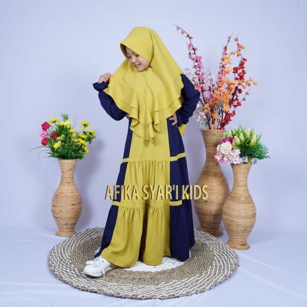 Gamis Anak Syari Polos Tengah Set Khimar (Warna Navy Mix Hijau Lemon)