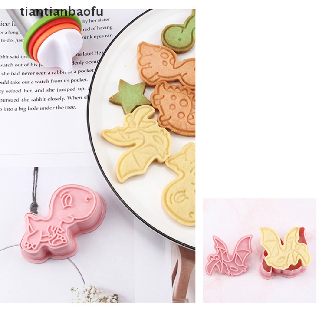 6 Pcs / set Stempel Pemotong Kue / Biskuit Bentuk Kartun Dinosaurus 3D Bahan Plastik
