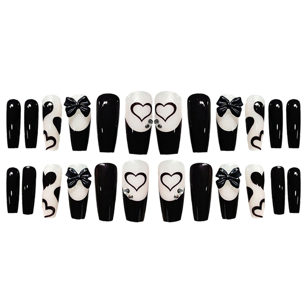 【COD Tangding】24pcs / set Kuku Palsu Panjang Bentuk Hati Trapesium Warna Hitam Transparan