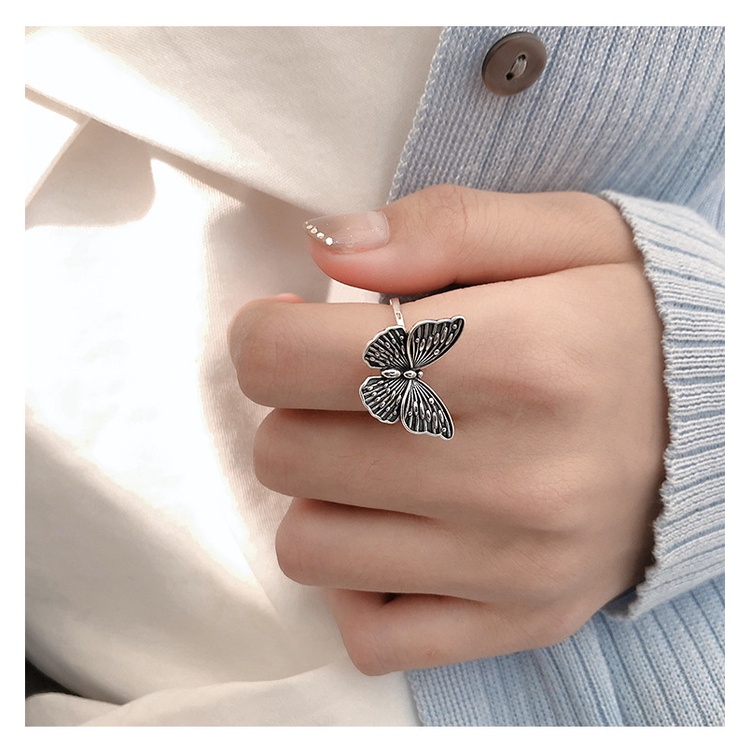 Cincin Jari Telunjuk Model Terbuka Desain Kupu-Kupu Bahan 925 Sterling Silver Gaya Retro Korea Untuk Wanita