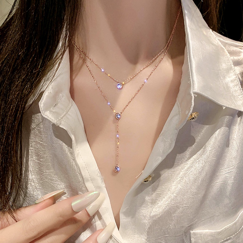 Kalung Titanium anti karat Liontin Berlian Simple Premium Lapisan Ganda Aksesoris Berkilau Korea Wanita necklace