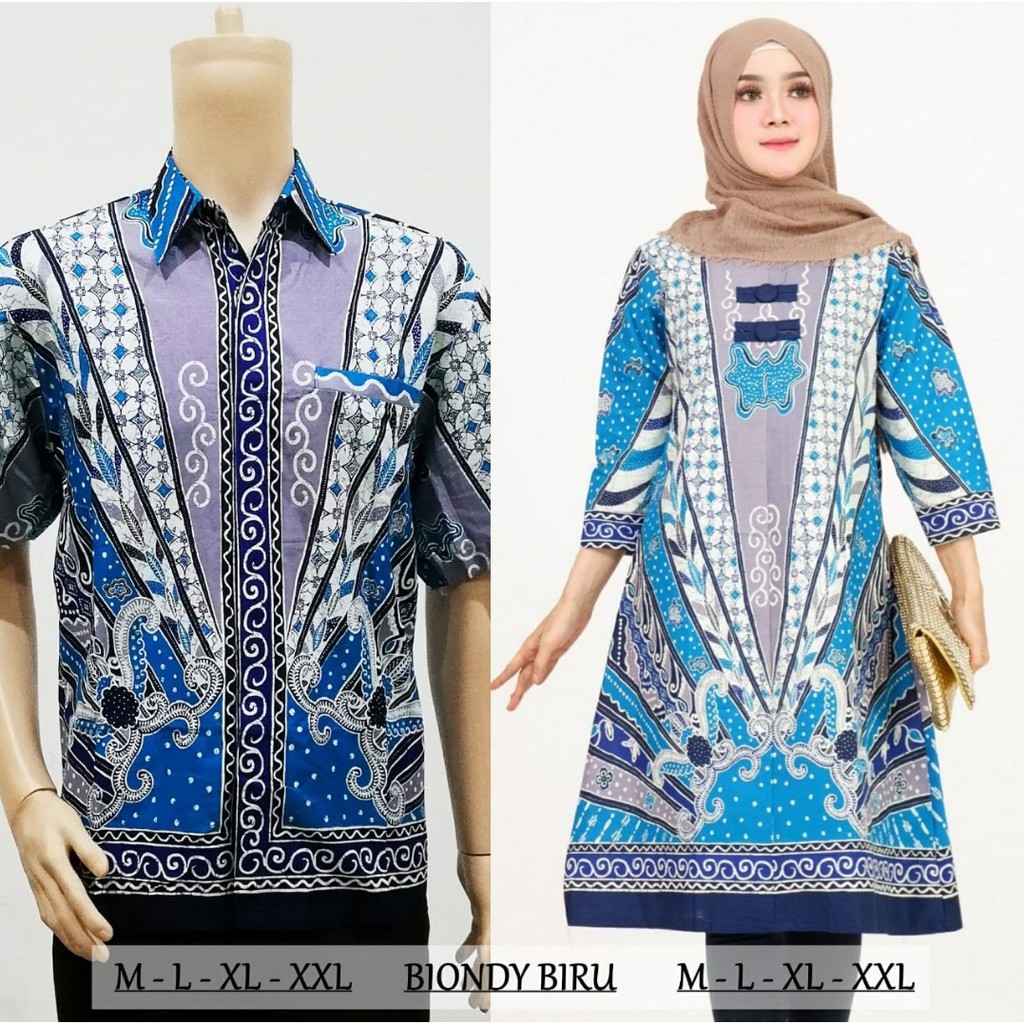 Set Couple Sarimbit Keluarga Lebaran Tunik Batik Muslim 2454 Biondy Biru