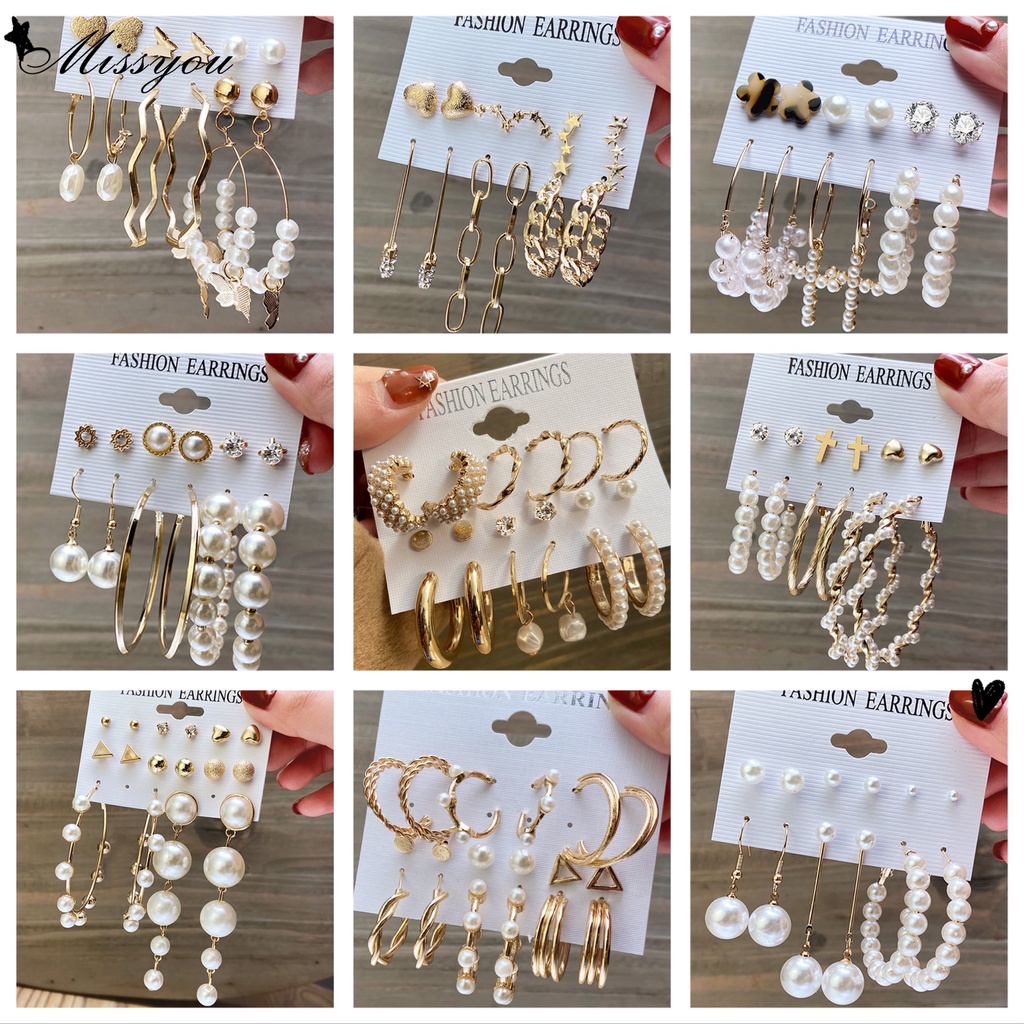 12pcs   set anting tusuk retro gaya korea  kupu kupu hati mutiara geometri untuk wanita aksesoris