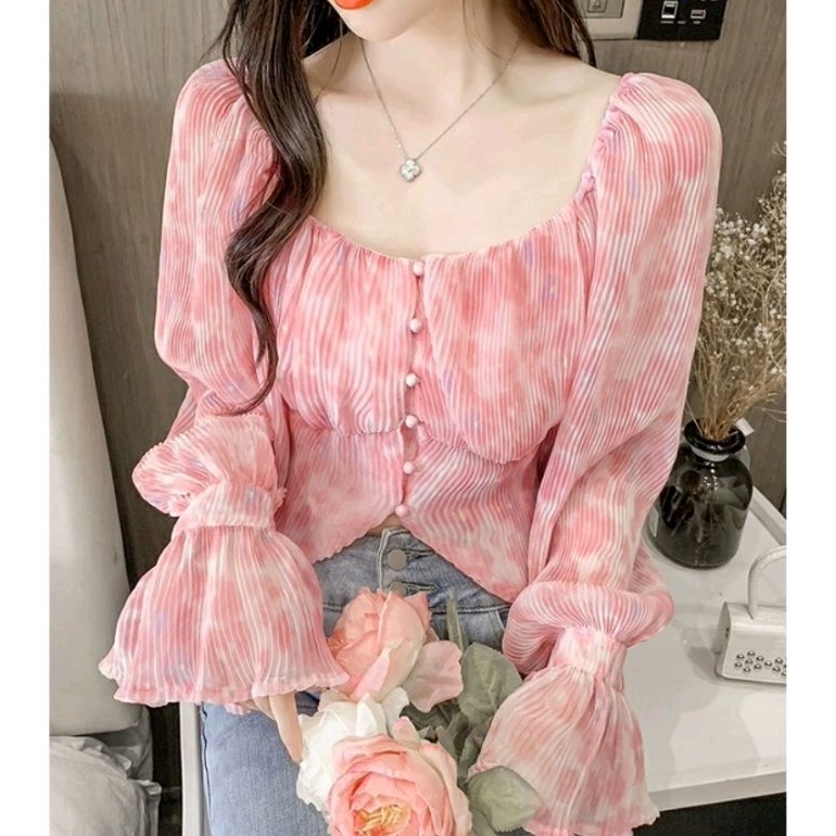 5920 Baju atasan blouse Cropped crop krop top lengan panjang tosca pink Korean style cewek import ba