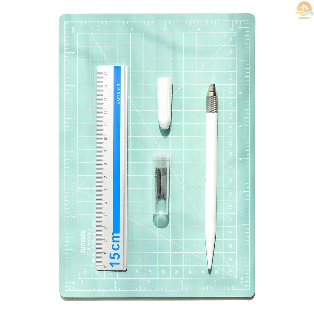 A5 Cutting Mat Set Self Healing Craft Cutting Board Engraving Plate with Cutter Ruler 12 Replacement Blades for DIY Arts &amp; Crafts Projects Office School Supplies