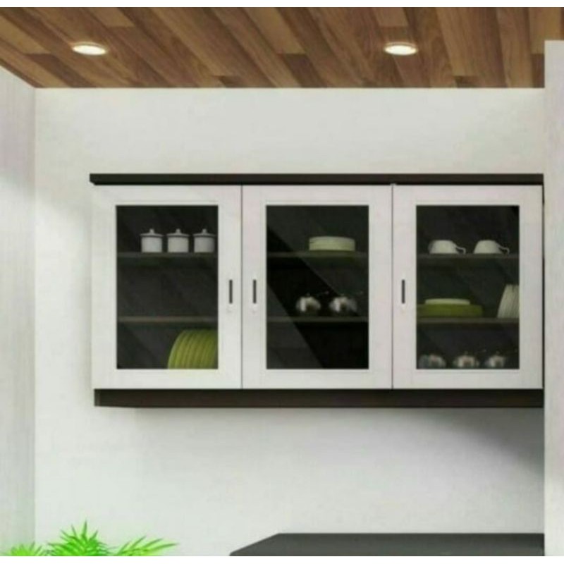 RAK PIRING LEMARI GANTUNG DAPUR ATAS 3 PINTU KACA