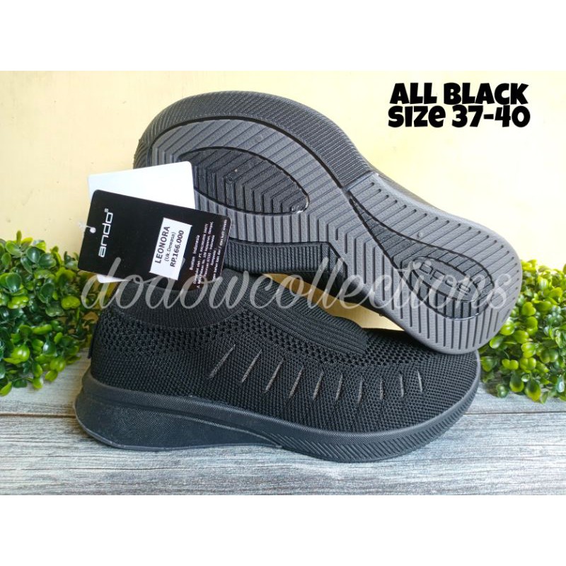 SLIP ON WANITA MURAH / SLIP ON CASUAL WANITA FULL HITAM / SEPATU RAJUT HITAM / SEPATU ANDO LEONORA