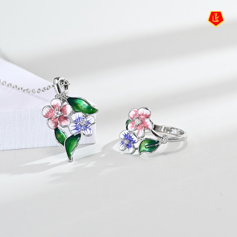 [Ready Stock]Flower Enamel Earrings Ring Set Elegant Necklace