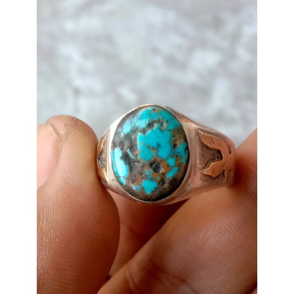 Natural batu pirus persia biru grikil ring perak 925 jaminan batu asli