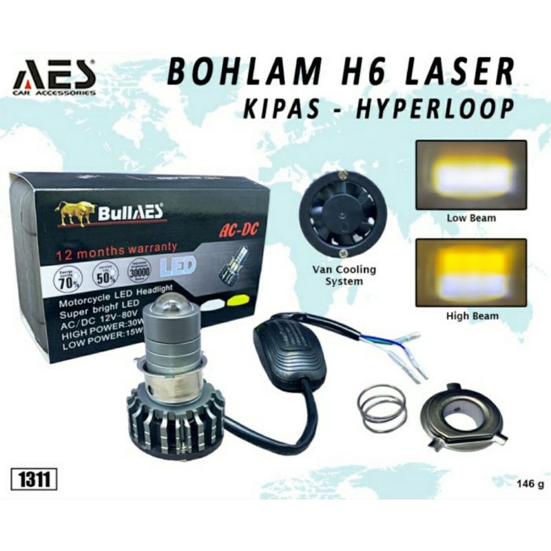 Lampu HID LED AES LASER H6 H4 I BOHLAM LED HEADLAMP H6 H4 LASER AES HYPERLOOP I LAMPU LED KIPAS MOTO