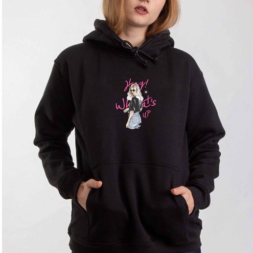 Hoodie Hey Whats Up Sweater Wanita Oversize M - XXL fleece