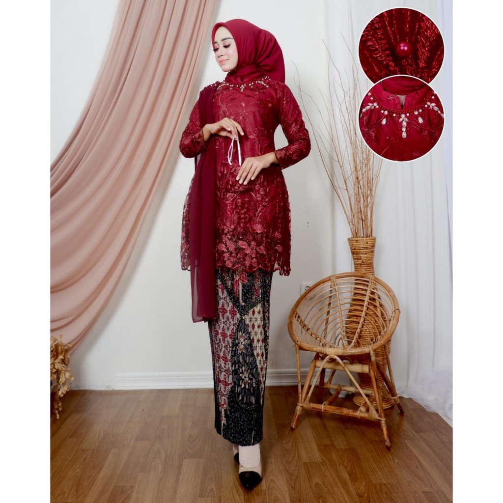 Permata Olshop / Kebaya Tunik Salendang Putri / Baju Kebaya Wisuda / Kebaya Lamaran / Tunik Brokat Modern / Kebaya Kondangan / Salendang Payet