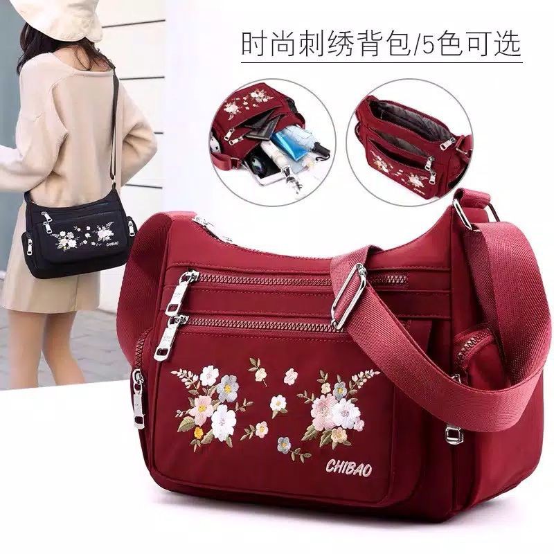 TAS SELEMPANG WANITA IMPORT CHIBAO BORDIR BUNGA JK8896-11
