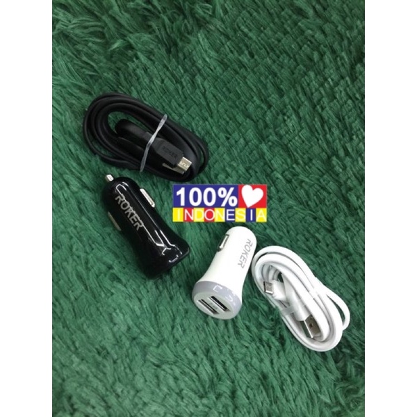 GROSIR CHARGER MOBIL ROKER SPEED CRC6 2.4A 2USB PLUS KABEL DATA MICRO ORIGINAL CAR CHARGER SAVER MOBIL 12W