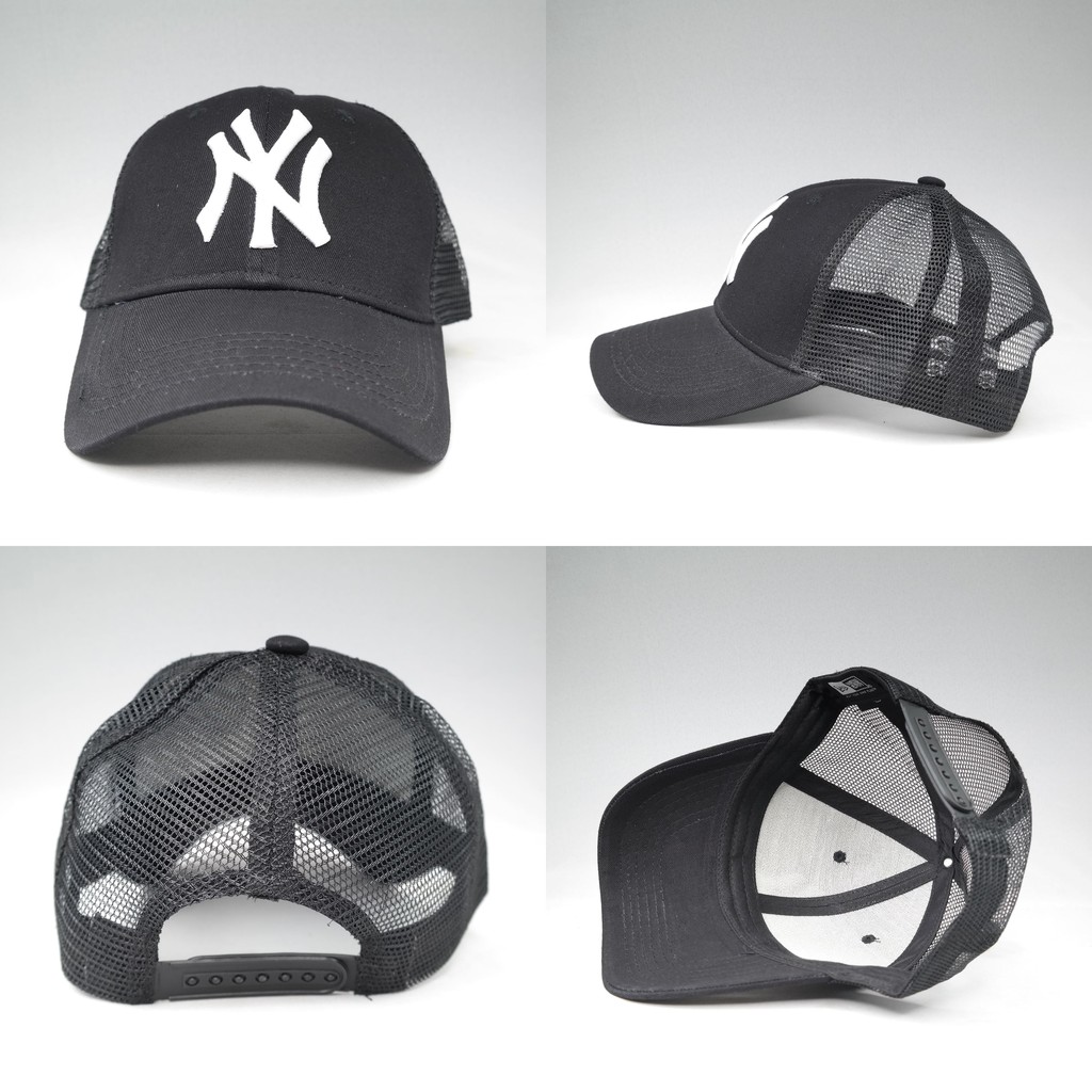 TOPI SNAPBACK MELENGKUNG NY  HITAM TRUCKER LOGO PUTIH
