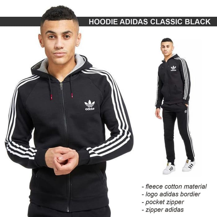 JAKET HOODIE ADIDAS CLASSIC BLACK GRADE ORIGINAL  SWEATER HOODIE BLACKWHITE WANITA POLOS B9M2