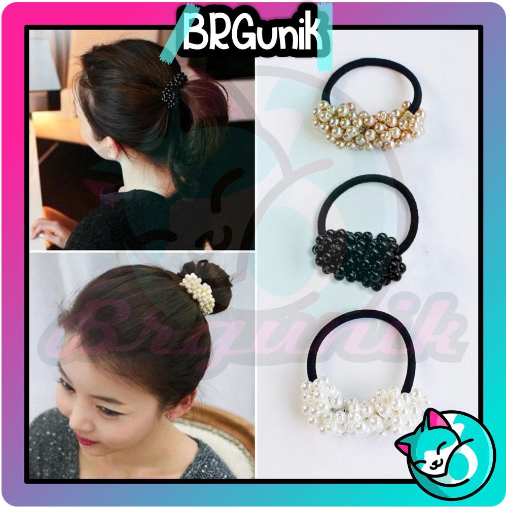 BRGUNIK Ikat Rambut Jadul Scrunchie dengan Manik-Manik Mutiara Wanita Fashion Impor Murah COD R124