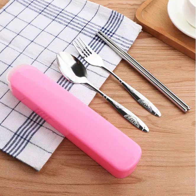 Sendok set Travel 3Pcs Stainless Steel Set Alat Makan Sendok Garpu Sumpit / Spoon Fork Chopsticks LUCU warna warni murah berkualitas