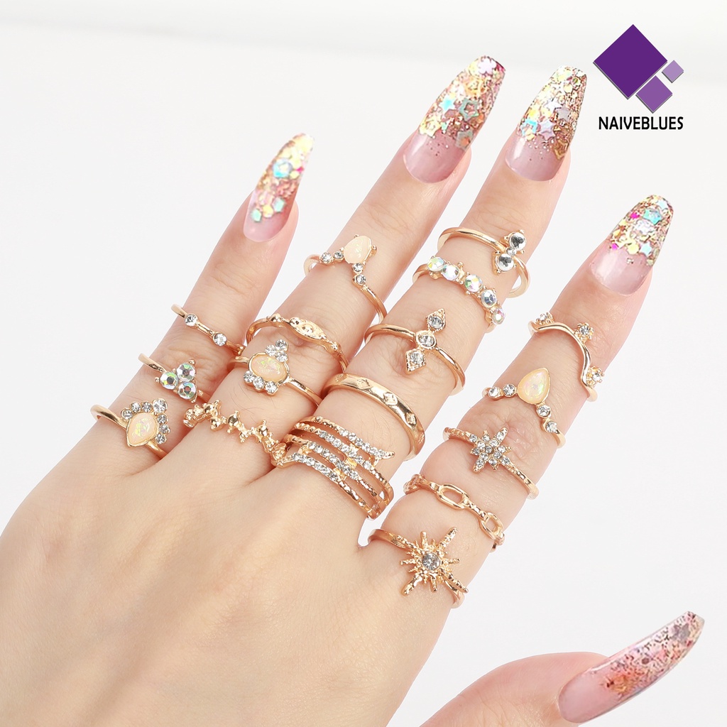 17pcs / Set Cincin Jari Permata Berlian Imitasi Gaya Bohemian Untuk Wanita