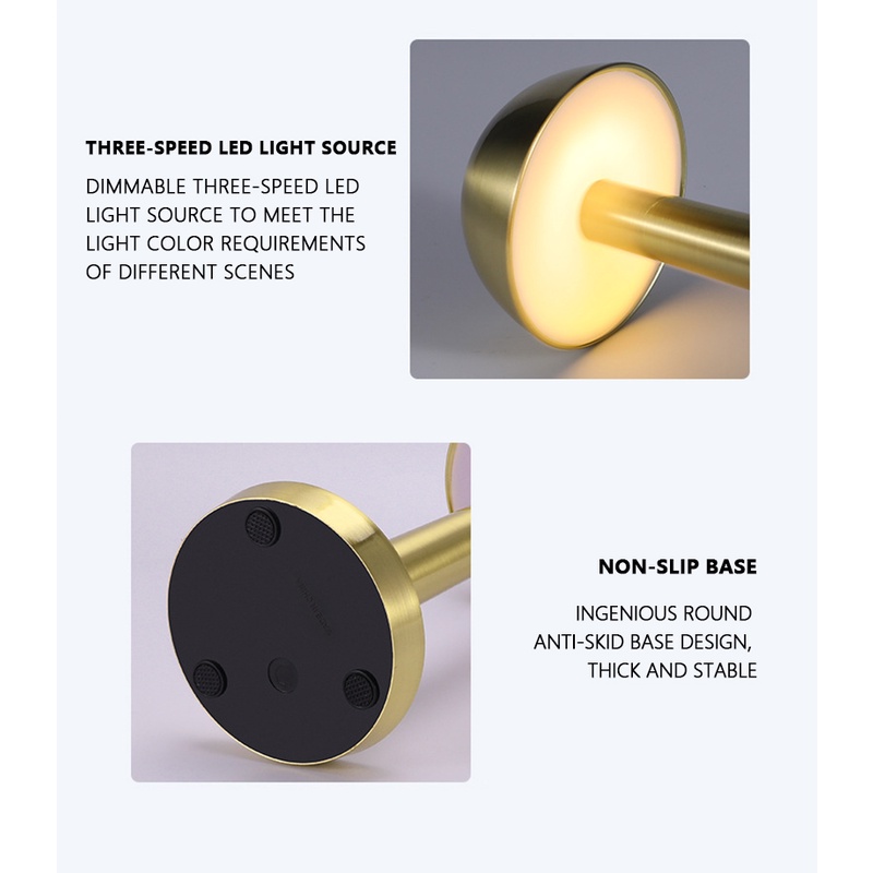 ღ Cordless Meja Lampu 3 Tingkat Sentuh Portabel Led Suasana Malam Lampu Usb Pengisian Kamar Tidur Restoran Meja Samping Tempat Tidur Dekorasi