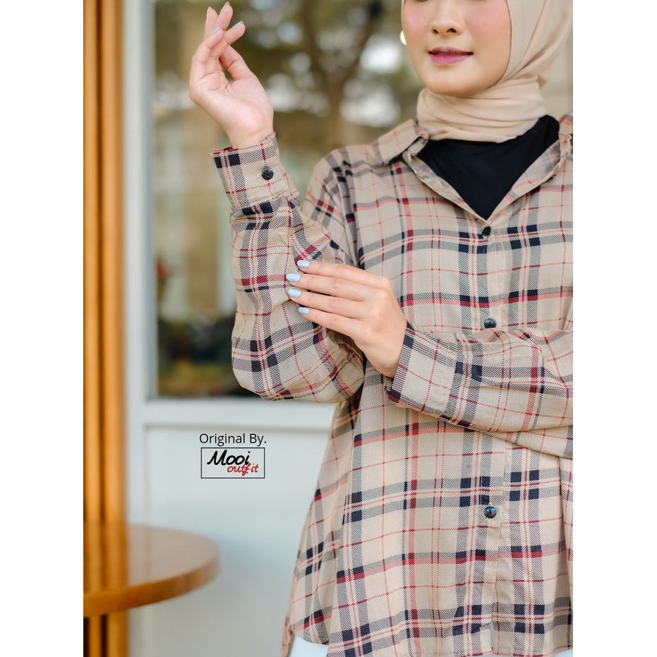 Kemeja Wanita Kekinian Lengan Panjang Motif Kotak Bahan Katun Rayon Premium