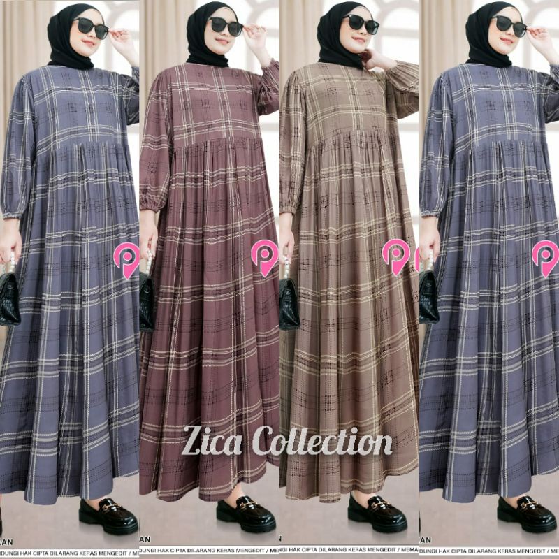 Midi kerah Motif kotak Series Pinkan / Original Gamis Dress Busui Bahan Rayon Viscose / Kotaka Salor