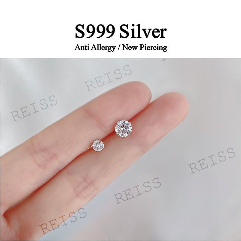 100% S999 Silver Needle Ear Stick Stud Earrings Diamond Zircon Basic Simple Helix Piercing Minimalist Hypoallergenic