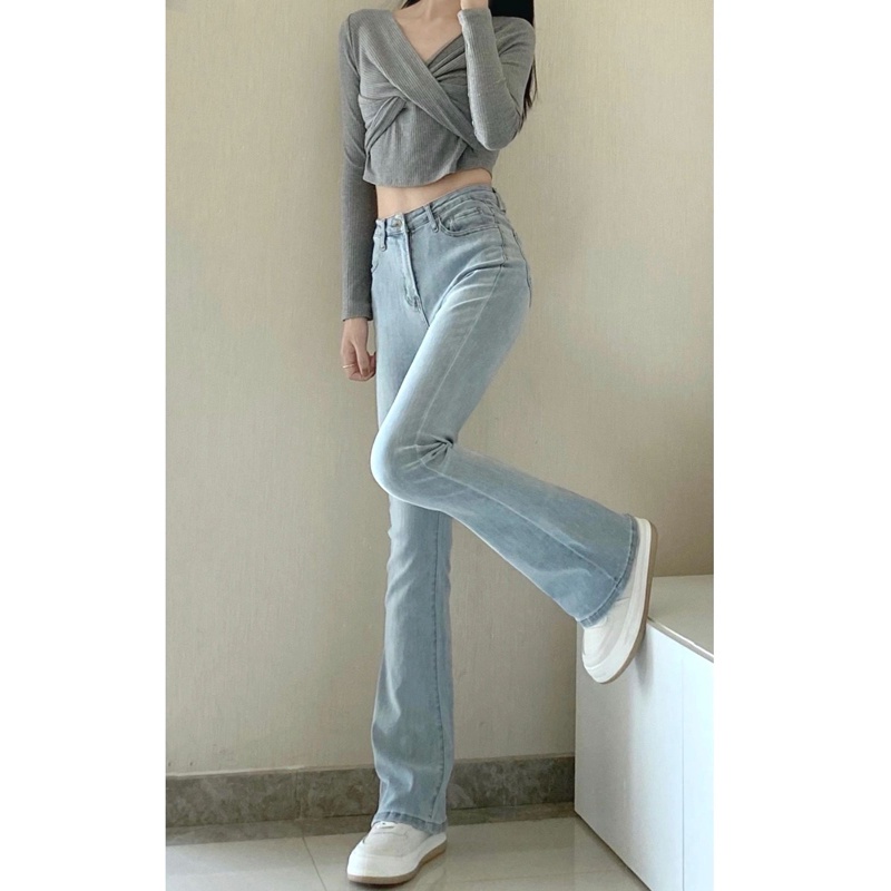 Import Bergaya Biru Celana Cutbray Highwaist Loose Kulot Jeans Wanita