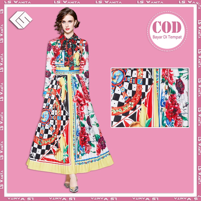 LS Maxi Dress Terbaru Couple Mikayla Floral Motif Vintage Party Dress Muslim