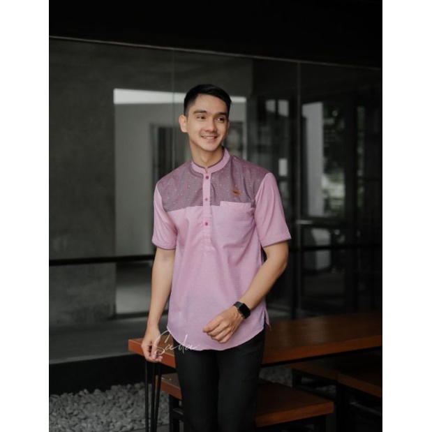 ATASAN BAJU KOKO MUSLIM PRIA LENGAN PENDEK QURTA SONGKET LEBARAN IDUL FITRI WARNA KOMBINASI ABU TUA 