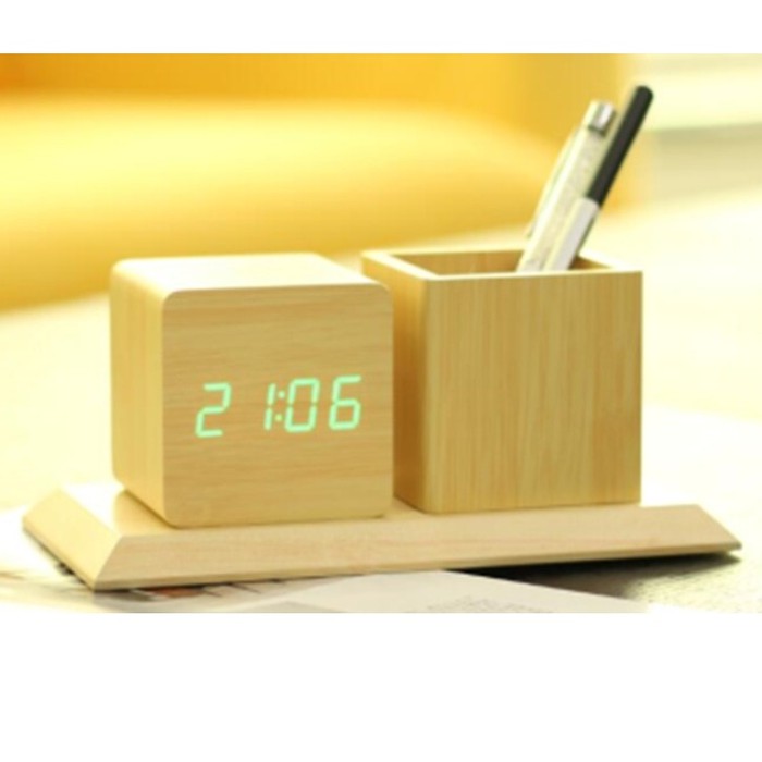 Jam Meja Kayu Jam Digital LED Jam Unik Model Kayu 13 x 22 x 12 cm