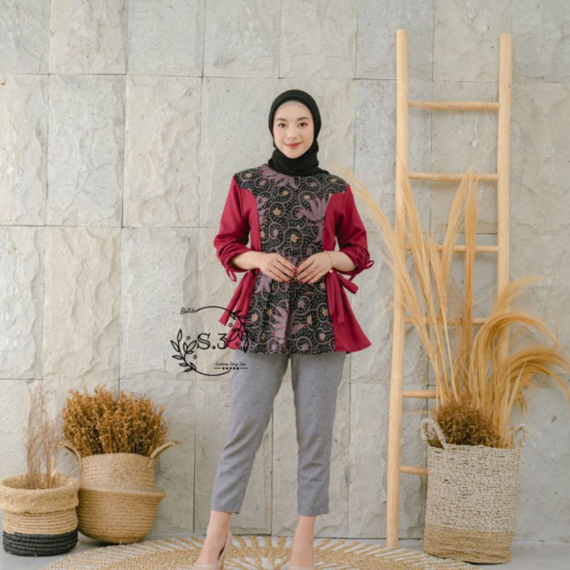 Atasan Batik Wanita Modern / Blouse Batik Kombinasi Mosscrepe Size M, L, XL ( ORIGINAL )