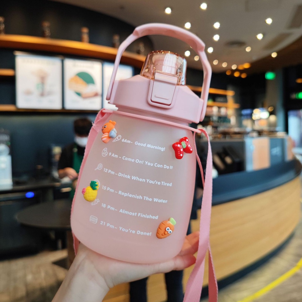COD Botol Minum Jumbo 2 Liter Viral Motivational Water Bottle Motivasi 2000ml P09-🔥Pink-1300ml